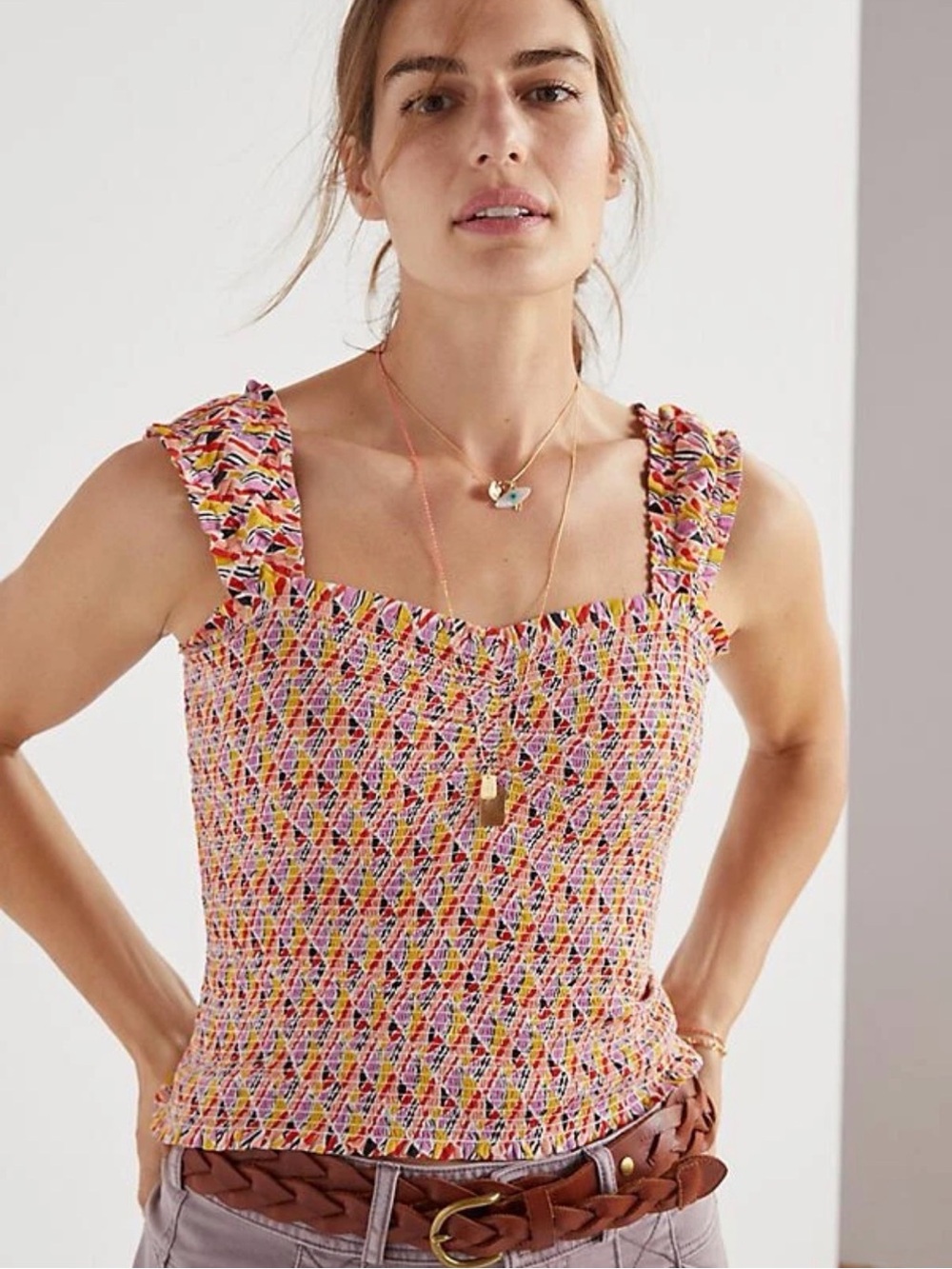 Maeve Smocked Square-Neck Tank Top in Multi Pink